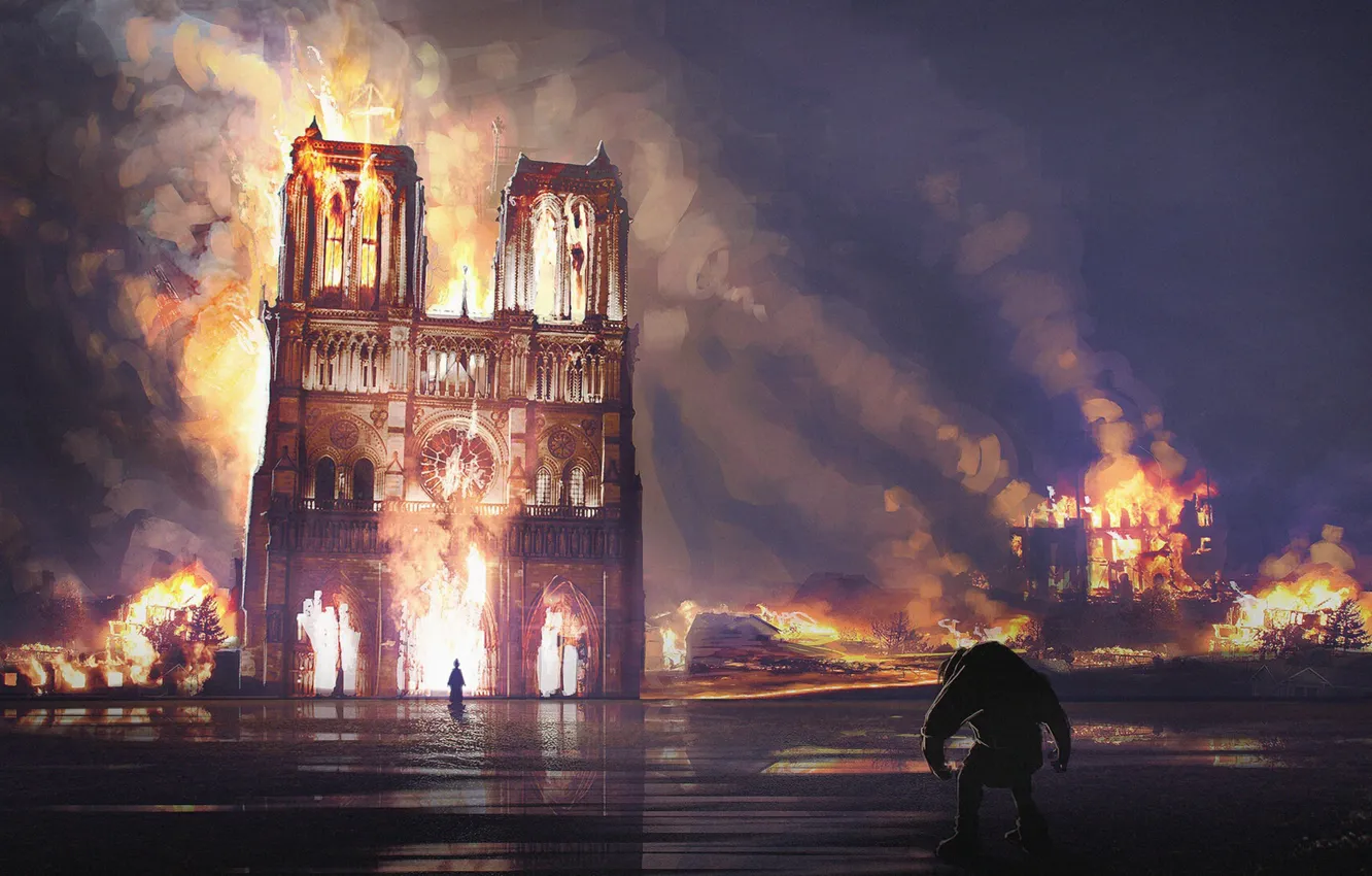 Photo wallpaper night, fire, France, Paris, Notre Dame Cathedral, Notre Dame de Paris, burned, Notre-Dame de Paris
