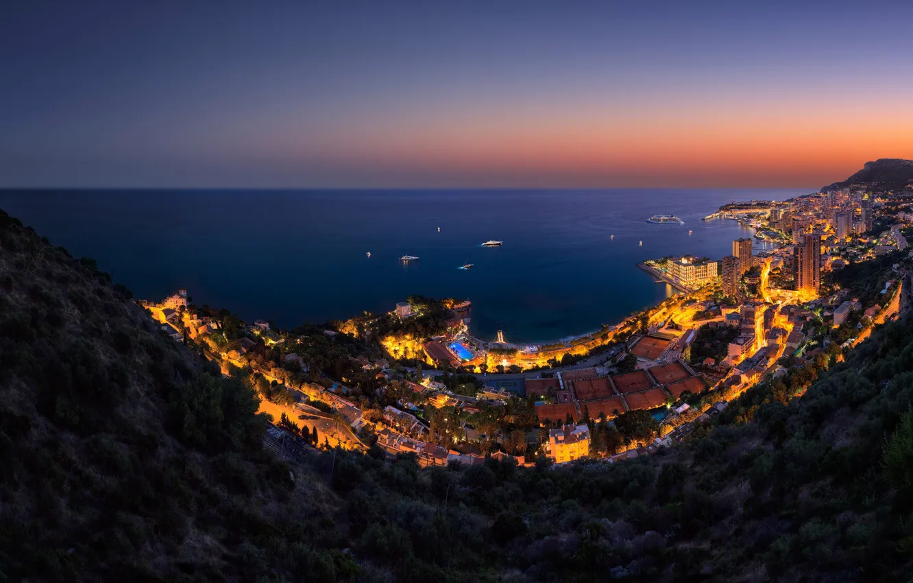 Photo wallpaper sea, lights, rocks, coast