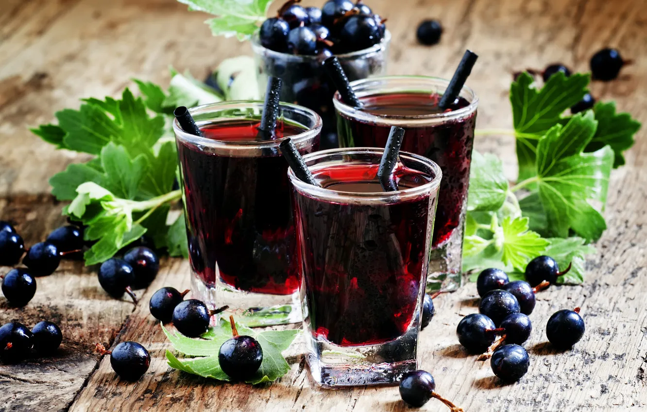 Photo wallpaper leaves, glass, berries, Board, glass, juice, drink, trio