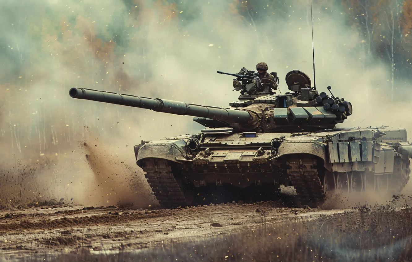 Photo wallpaper road, smoke, dust, tank, tankers, digital art, AI art, The Art of Artificial Intelligence