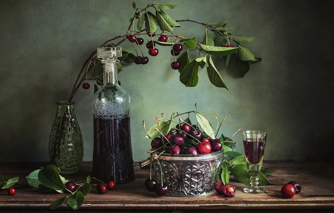 Photo wallpaper cherry, berries, bottle, still life, glass, Cherry liqueur