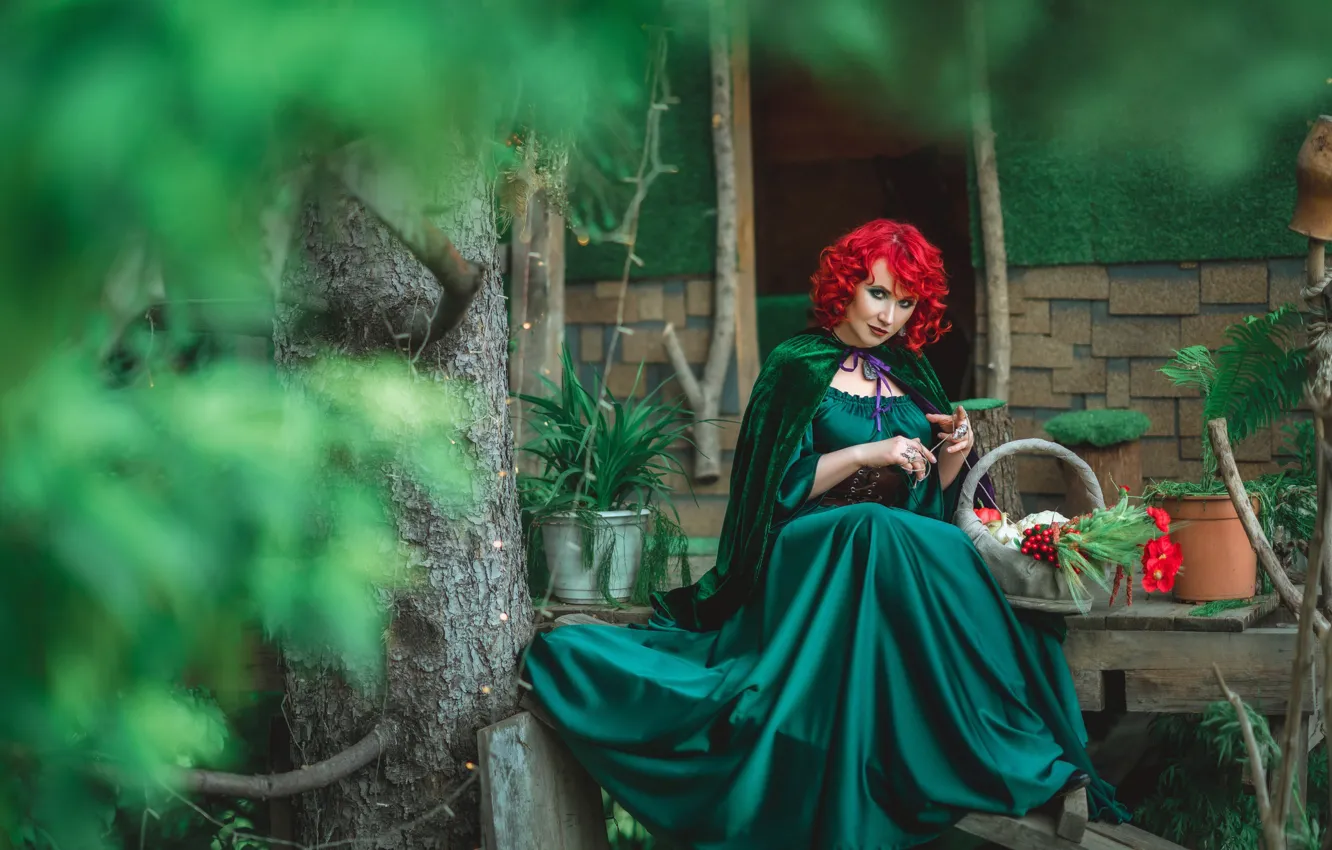 Photo wallpaper look, girl, trees, flowers, face, pose, style, foliage