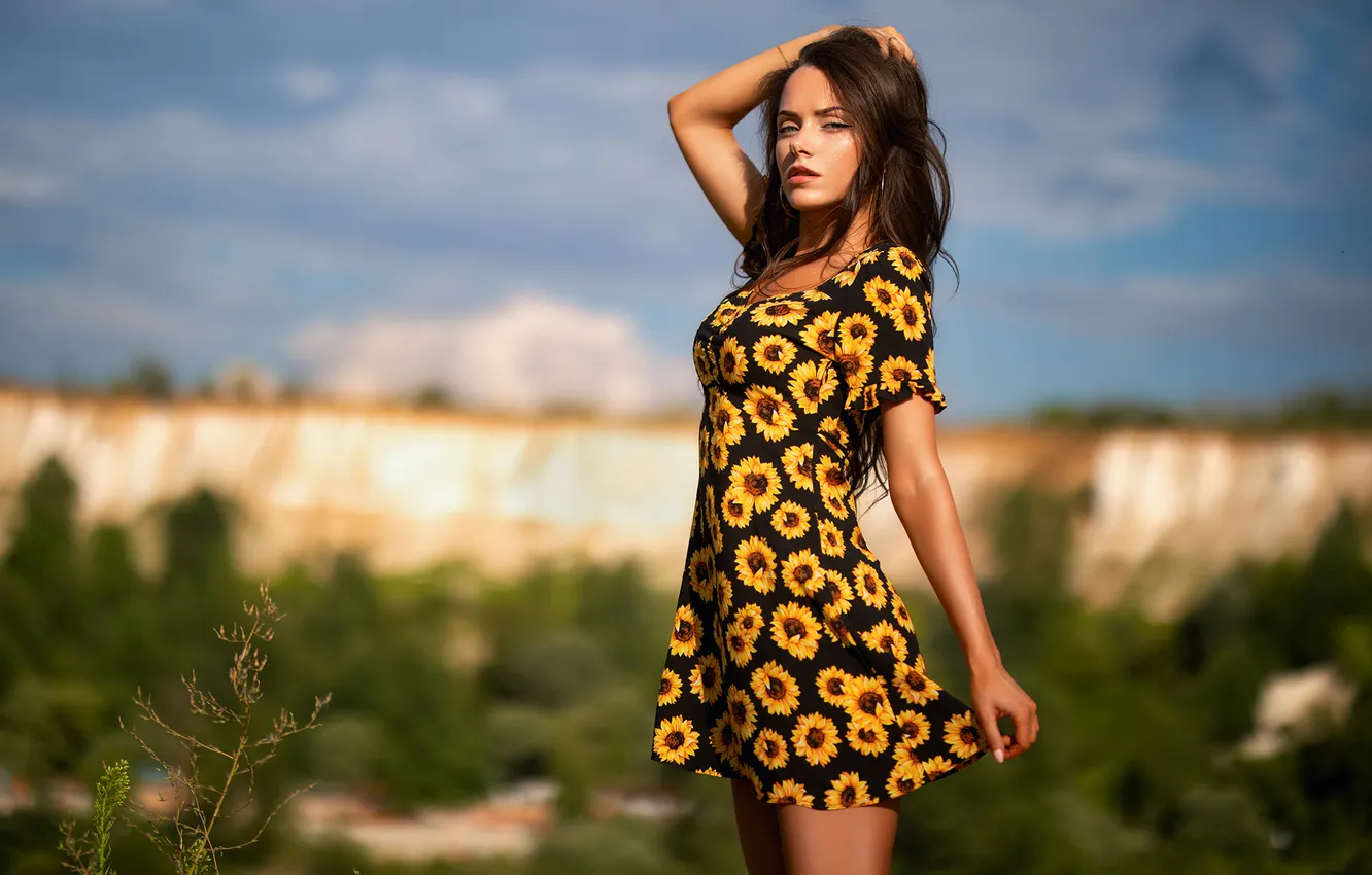 Photo wallpaper look, dress, legs, long hair, long hair, pretty, lips, brunette