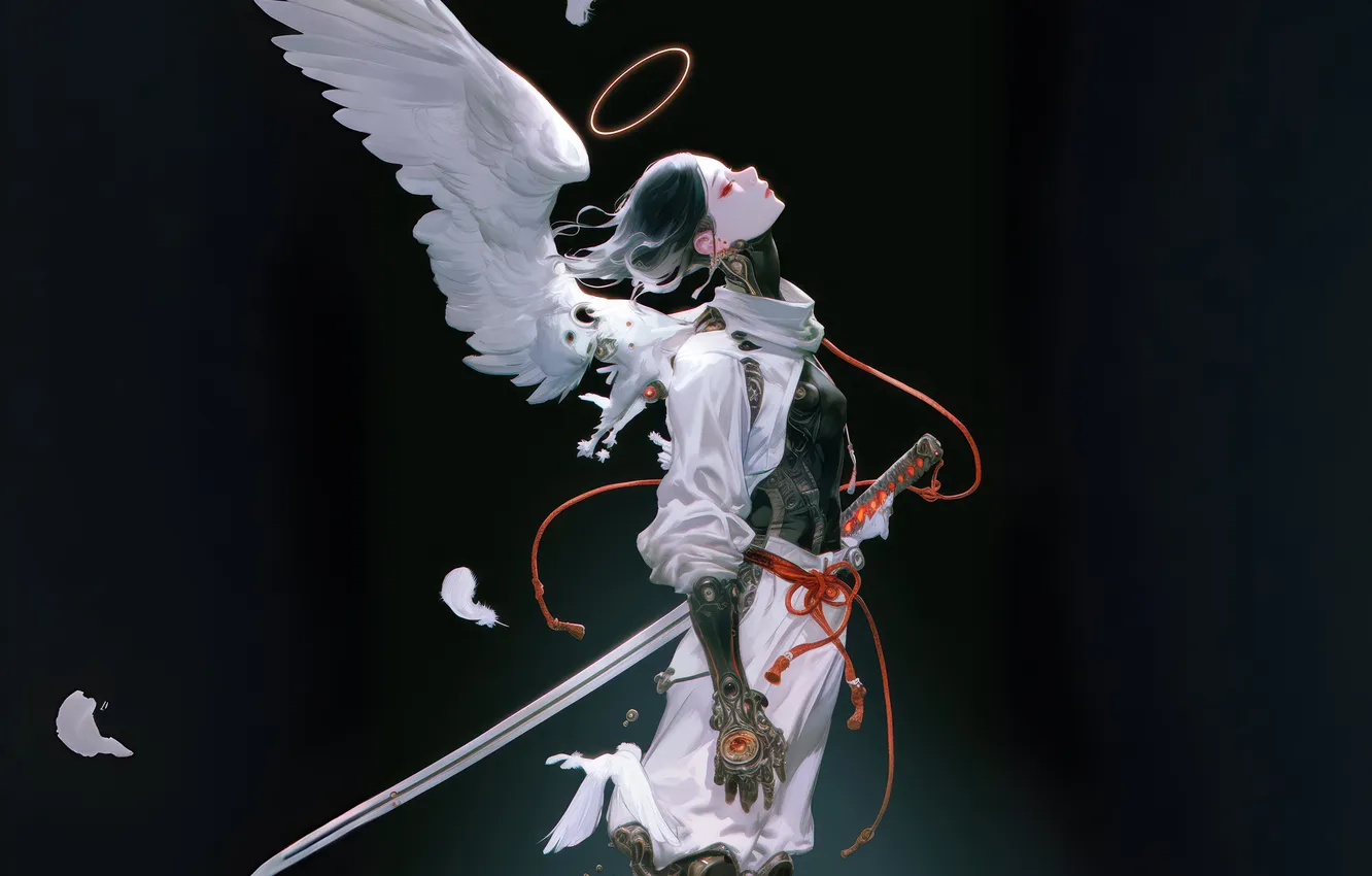 Photo wallpaper women, AI art, holding sword, wings