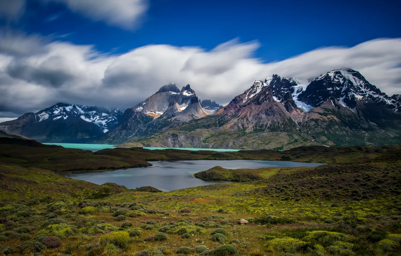 Photo wallpaper clouds, snow, mountains, lake, blue, shore, vegetation, the slopes
