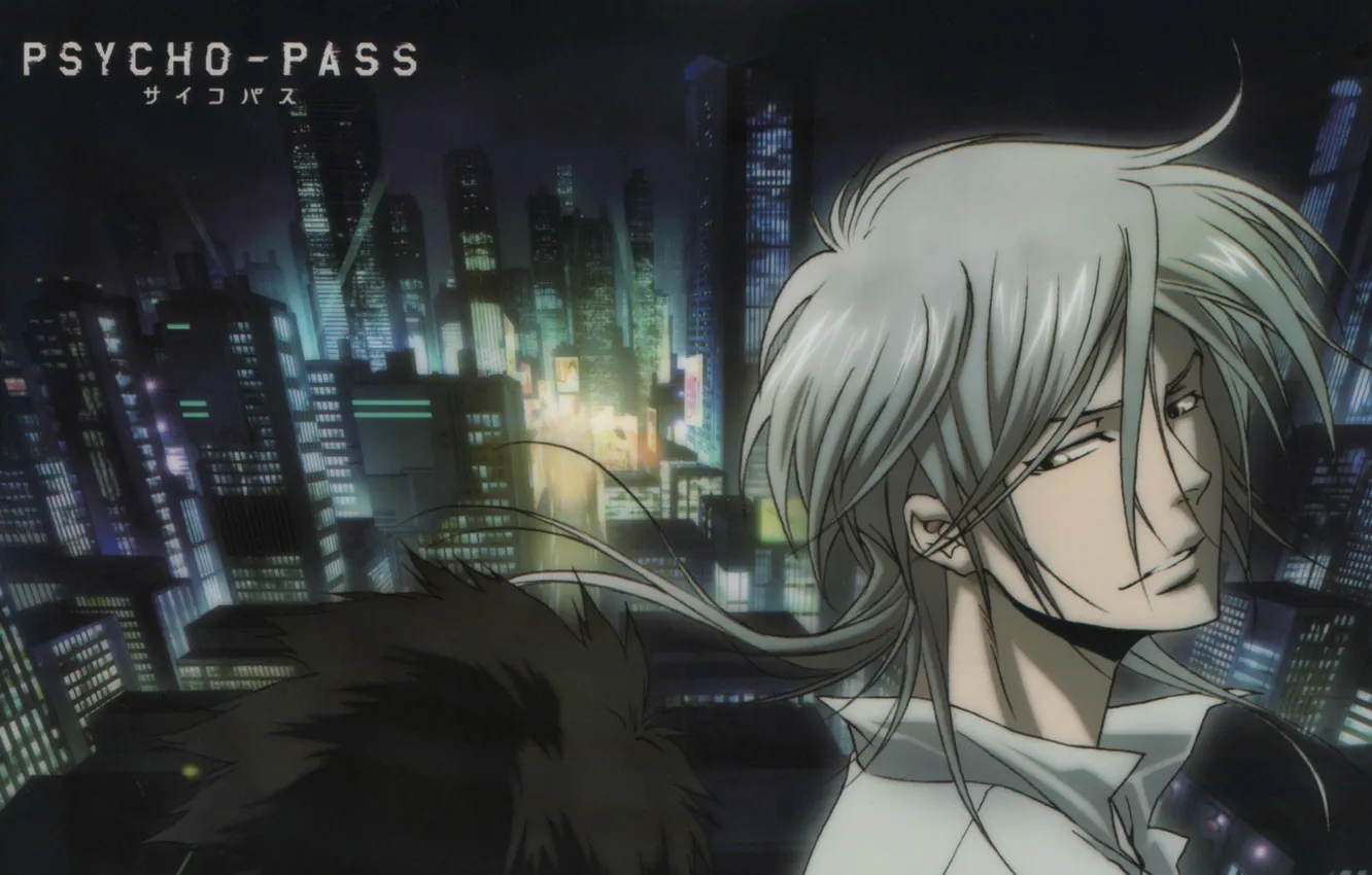 Photo wallpaper night, skyscrapers, guy, megapolis, white shirt, Psycho-passport, psycho-pass, night city lights