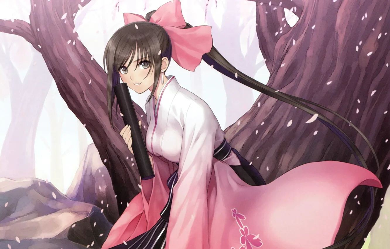 Photo wallpaper petals, Sakura, kimono, bow, long hair, art, visual novel, Tony Taka