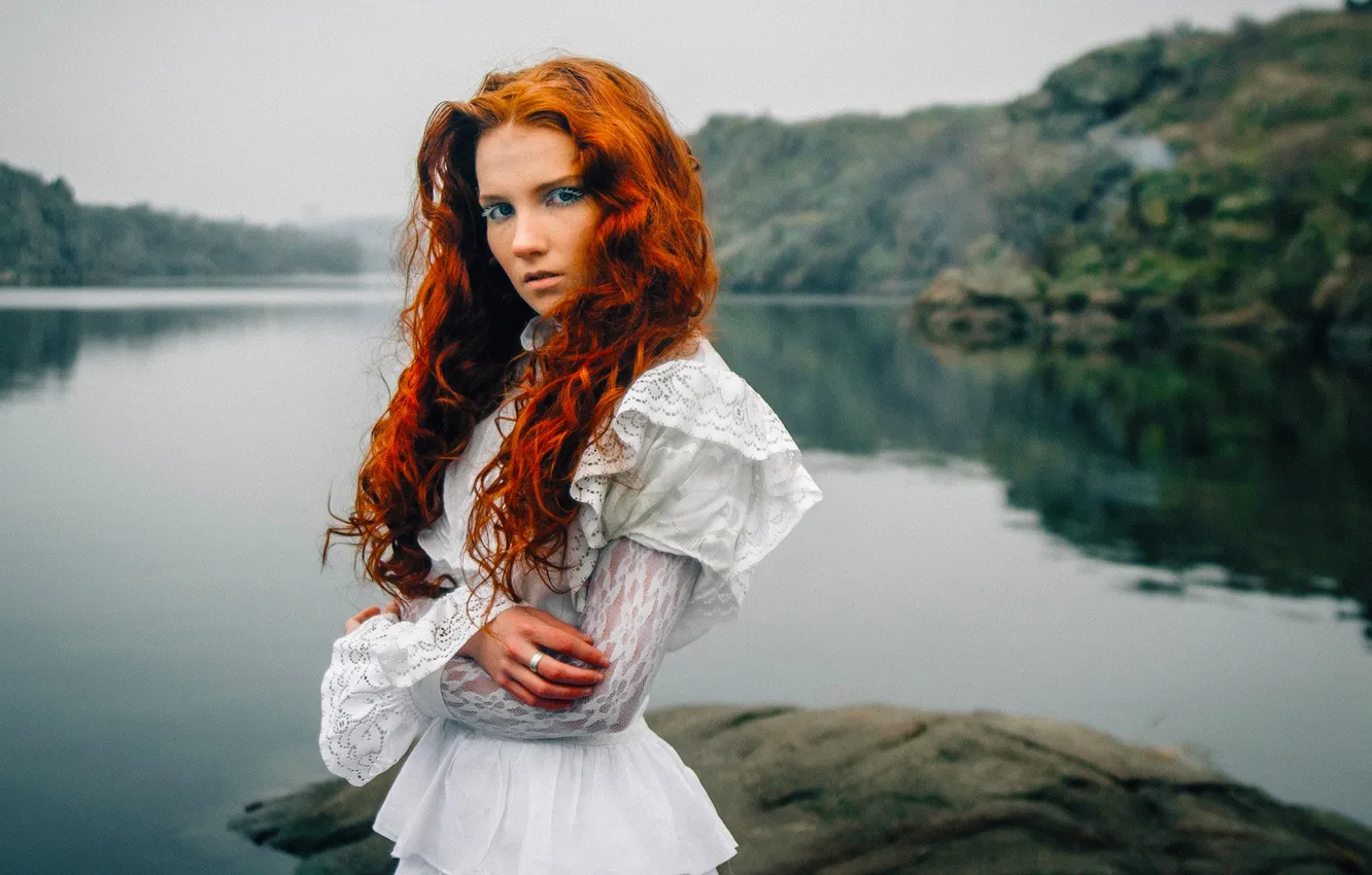 Photo wallpaper white, water, girl, nature, lake, hair, dress, red