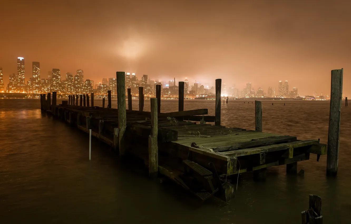 Photo wallpaper night, New York City, pier, Hudson River, weehawken, Disconnected