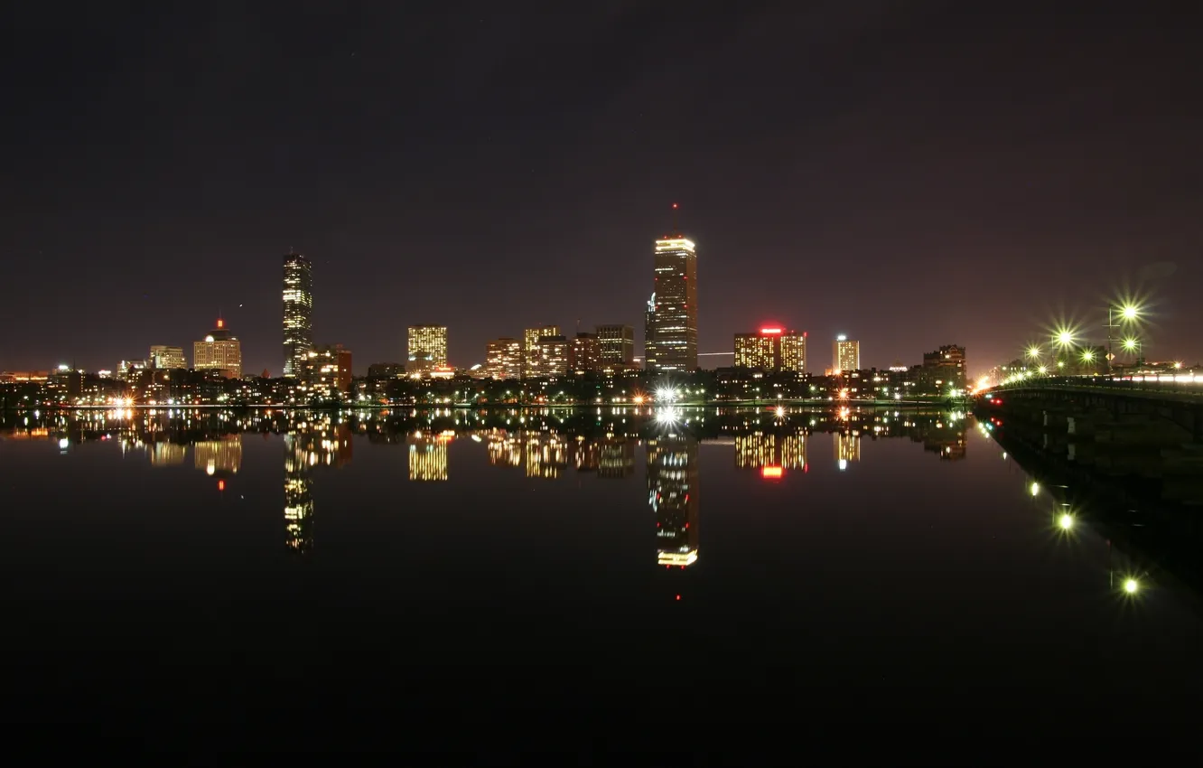 Photo wallpaper water, night, bridge, the city, lights, home, Boston, skyscrapers