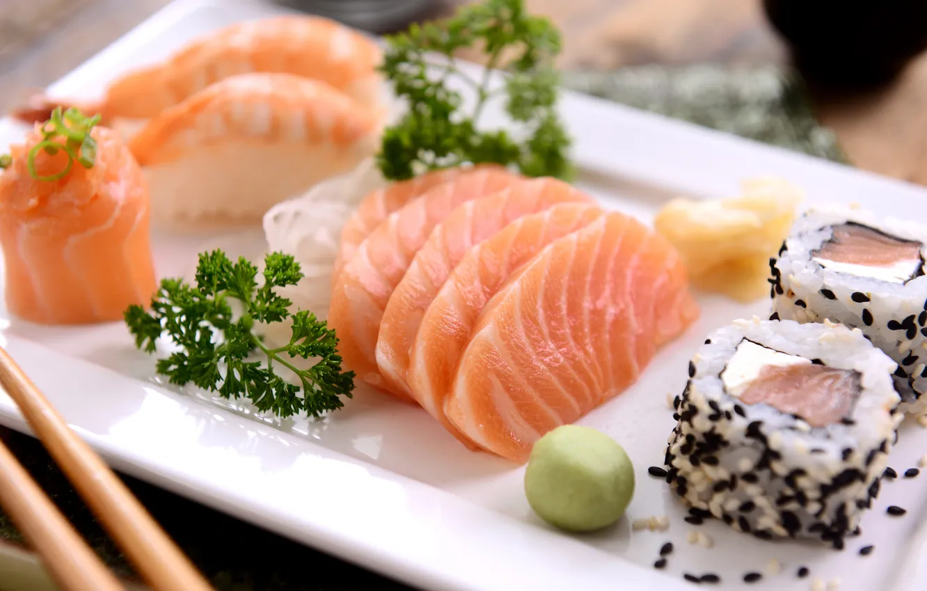 Photo wallpaper fish, rolls, sushi, sushi, fish, rolls, Japanese cuisine, Japanese cuisine