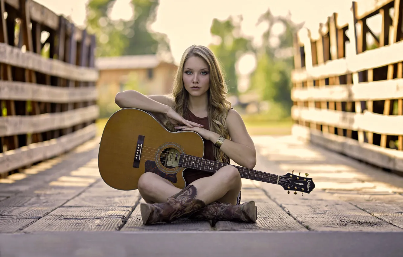 Photo wallpaper guitar, bridge, beautiful girl, beautiful eyes