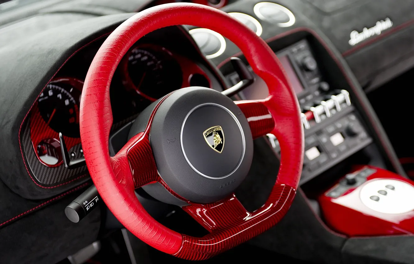 Photo wallpaper Lamborghini, red, Car, interior, dashboard, instrument panel