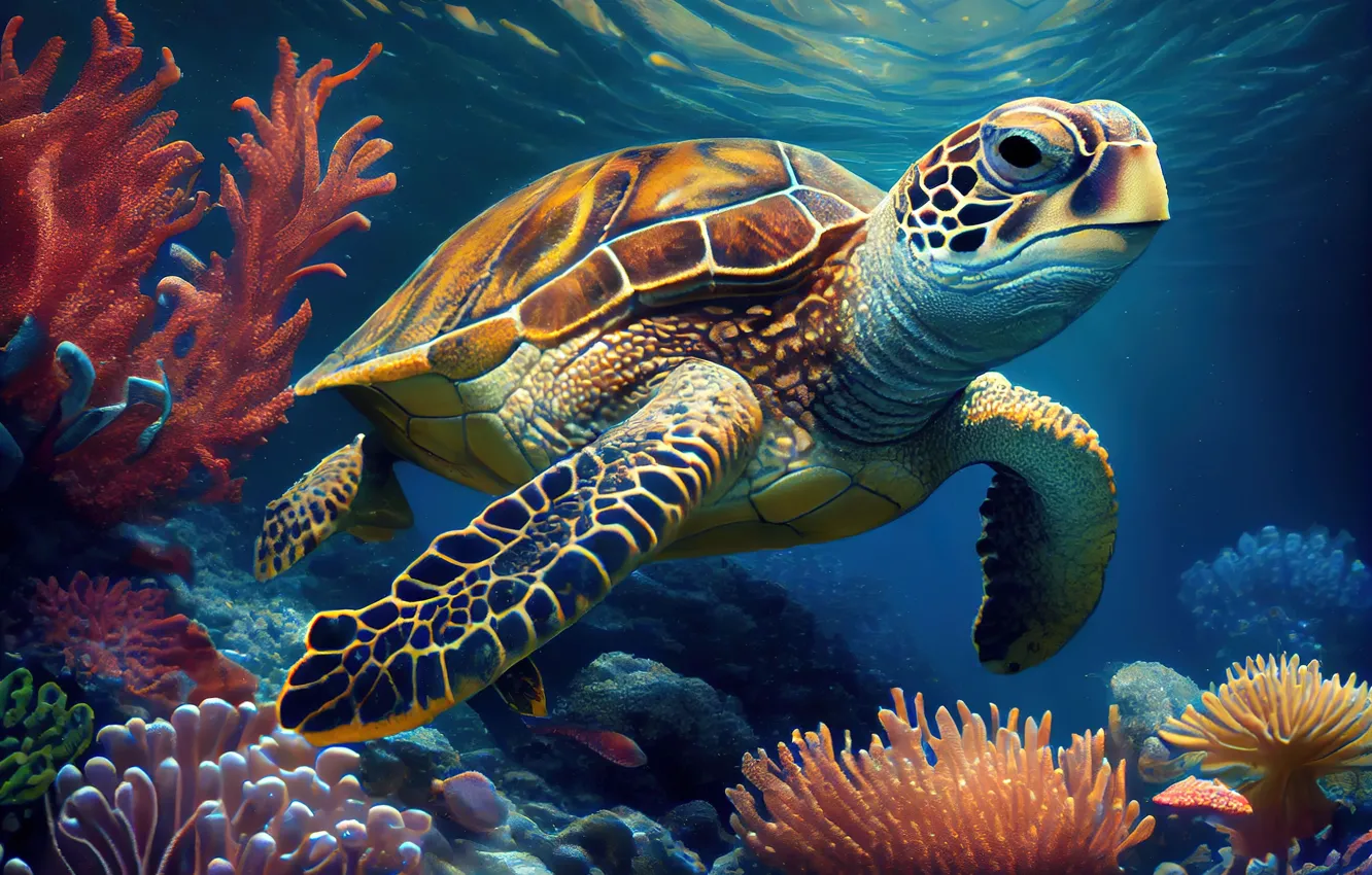 Photo wallpaper turtle, corals, underwater world, neural network