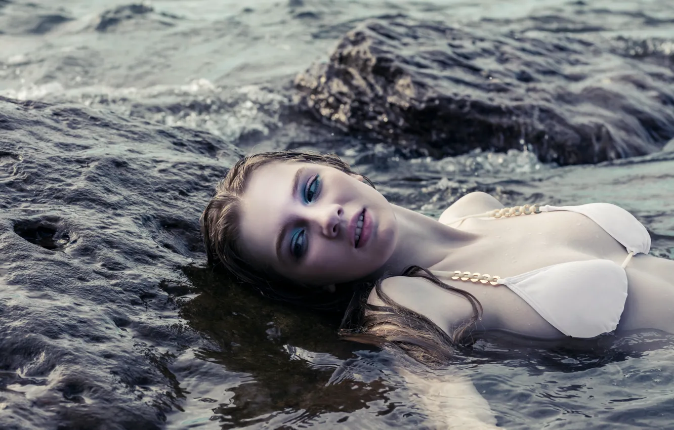 Photo wallpaper swimsuit, chest, water, girl, stones