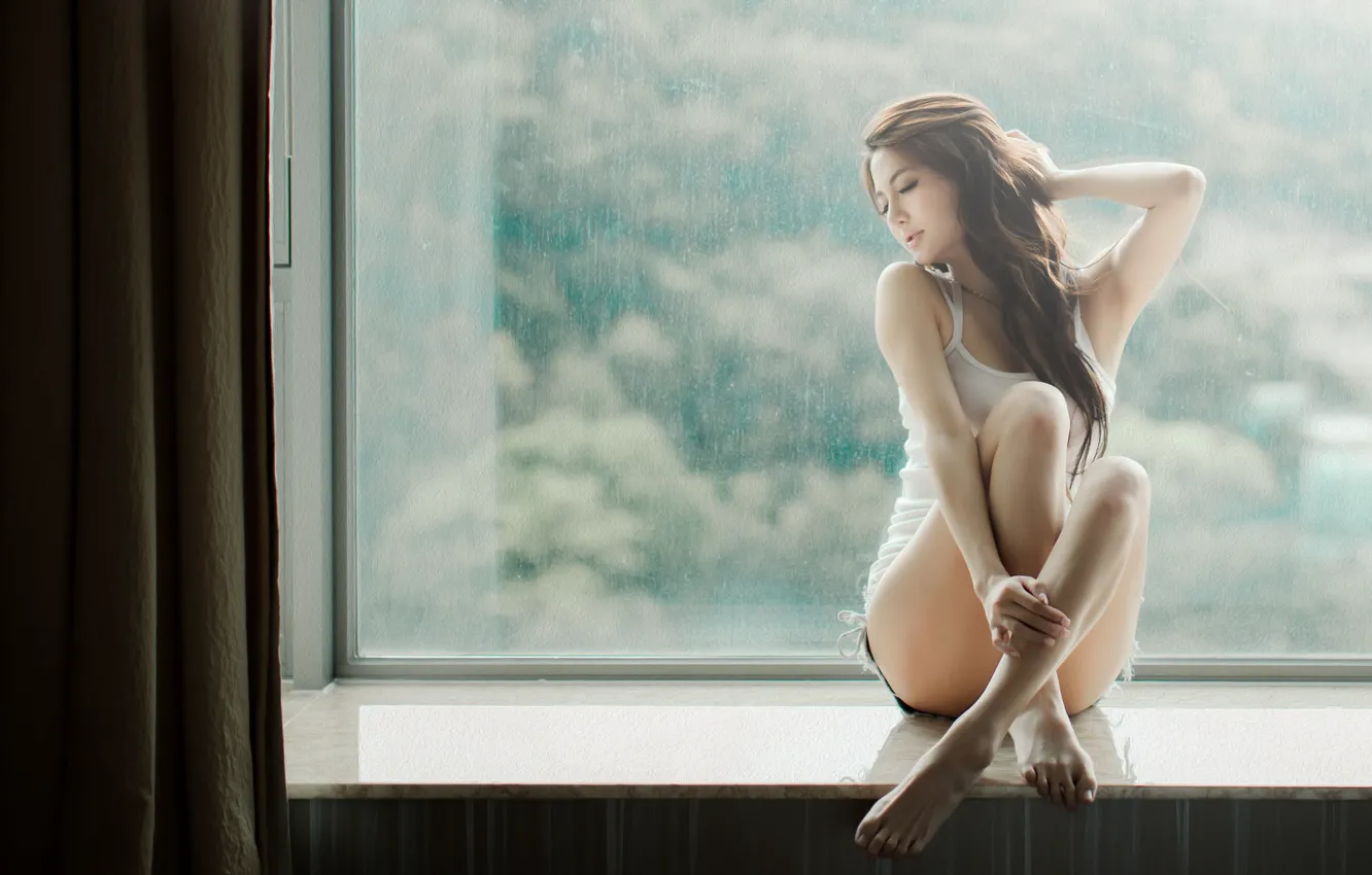 Photo wallpaper girl, face, hair, figure, window, sill, legs