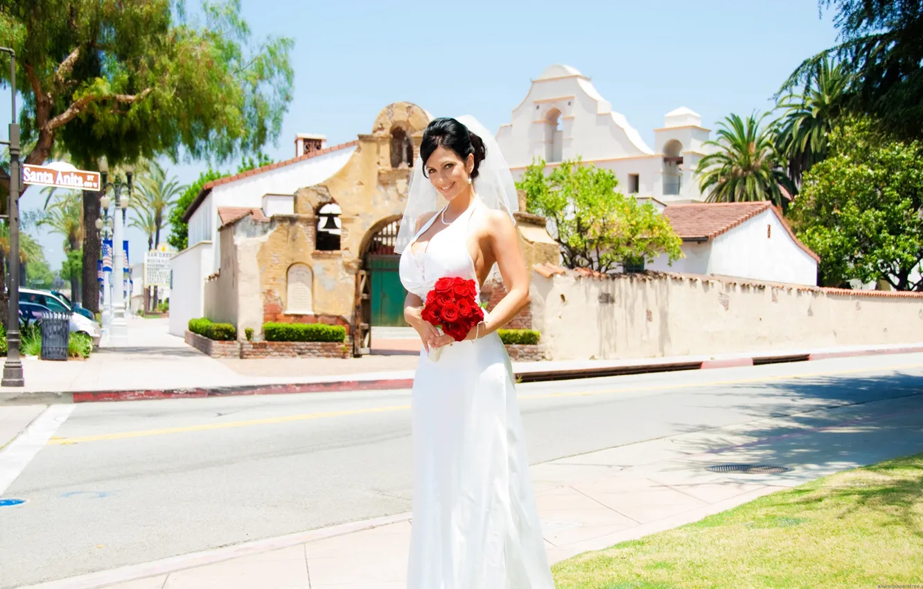 Photo wallpaper chest, the sky, the city, smile, street, bouquet, Denise Milani, the bride
