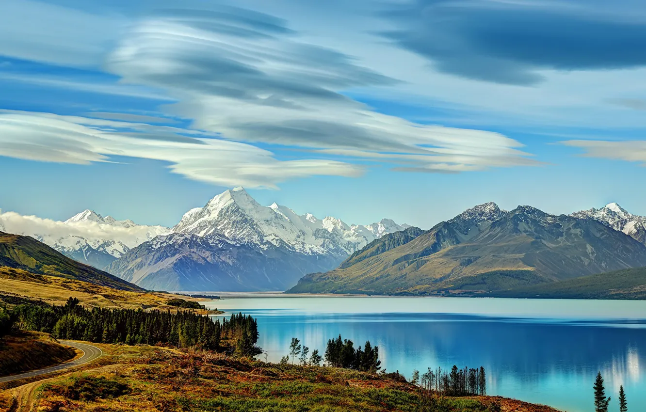 Photo wallpaper road, mountains, lake, New Zealand, New Zealand