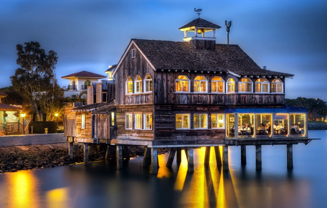 Photo wallpaper lights, house, sea, coast, wood