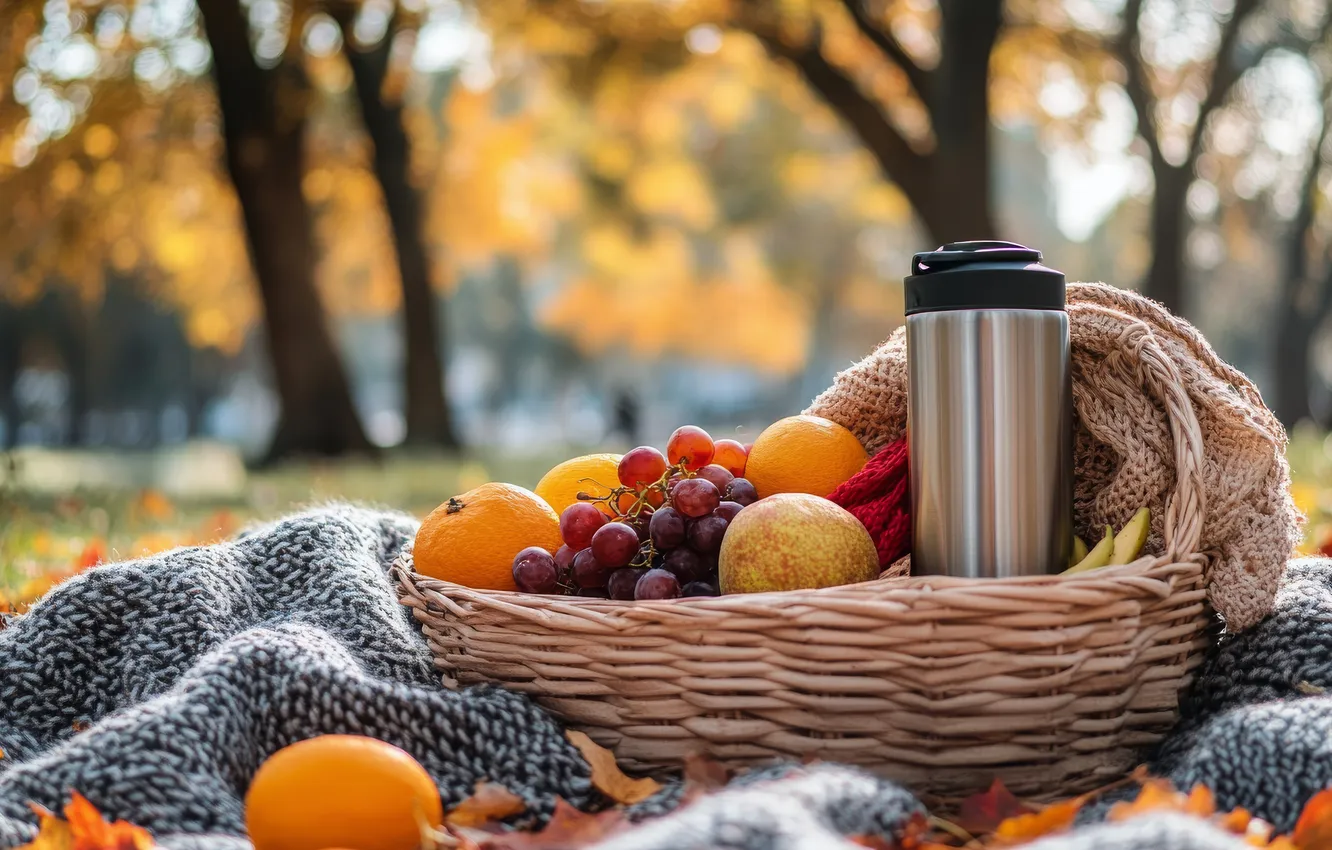 Photo wallpaper autumn, fruit, thermos, AI art, neural network