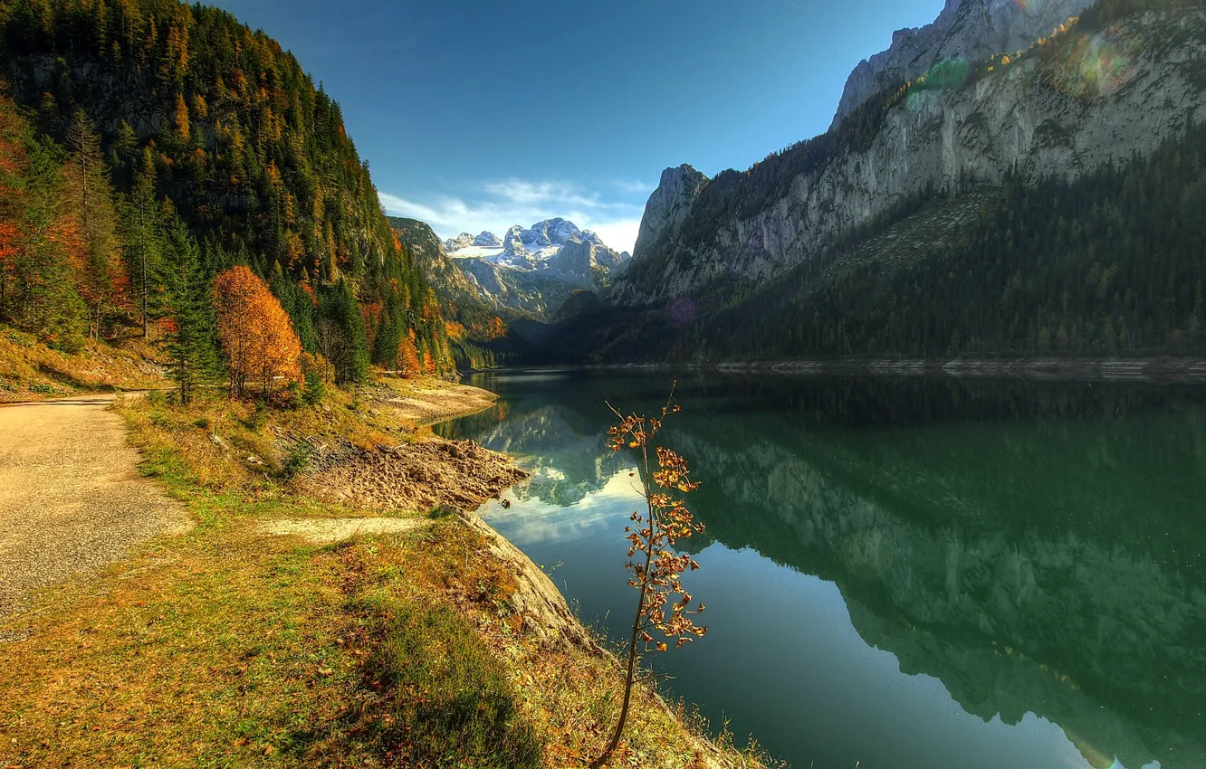 Photo wallpaper autumn, forest, the sky, reflection, trees, mountains, nature, lake