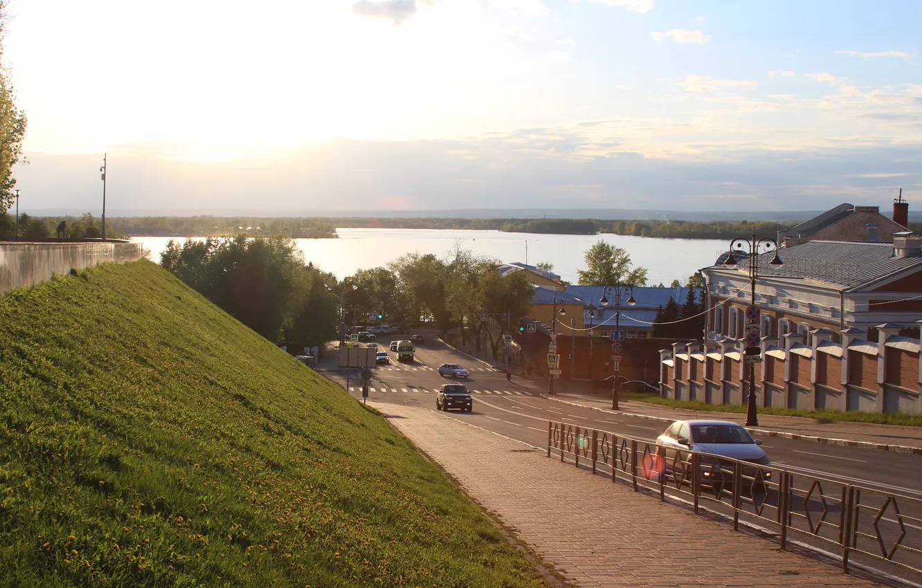 Photo wallpaper road, machine, the sky, trees, the city, river, street, building