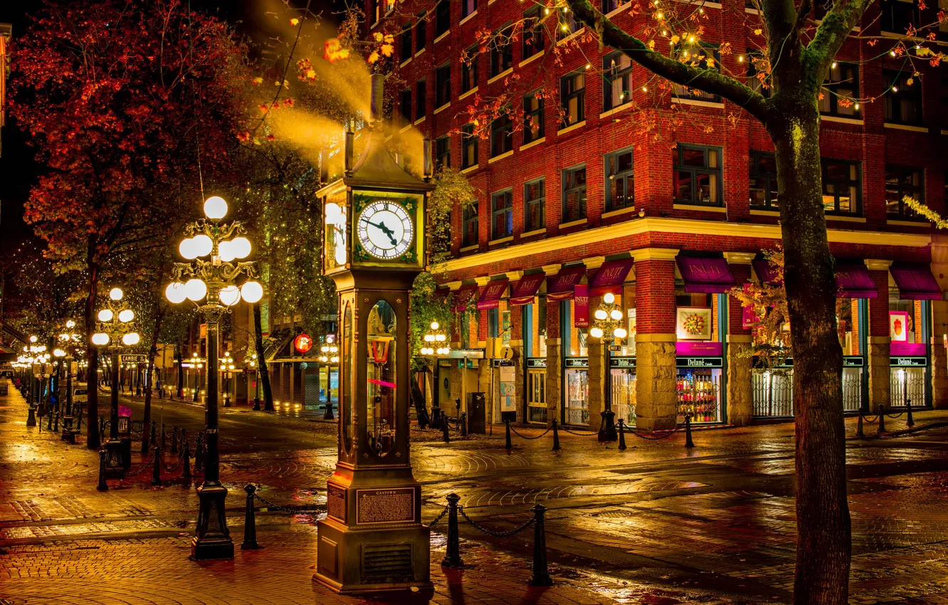 Photo wallpaper street, the building, watch, Canada, lights, Vancouver, Canada, night city