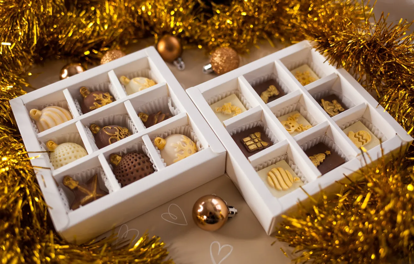 Photo wallpaper balls, new year, chocolate, candy, tinsel, box, Victoria Gurtovoy