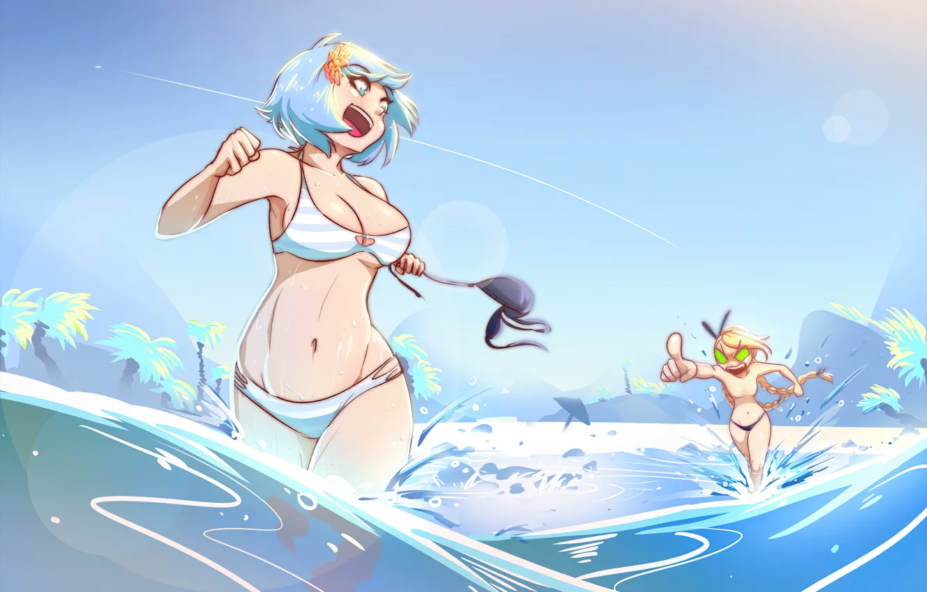 Photo wallpaper sexy, cleavage, beach, green eyes, long hair, legs, sea, girls