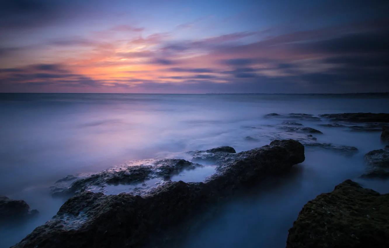 Photo wallpaper sea, the sky, clouds, sunset, stones, shore, the evening, calm