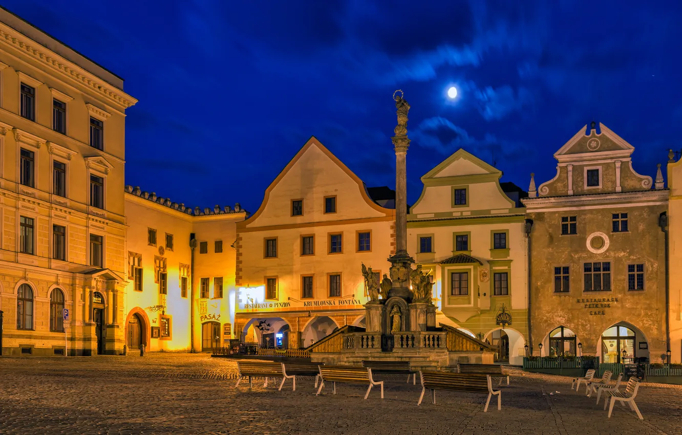 Photo wallpaper the sky, night, lights, the moon, home, Czech Republic, area, columns