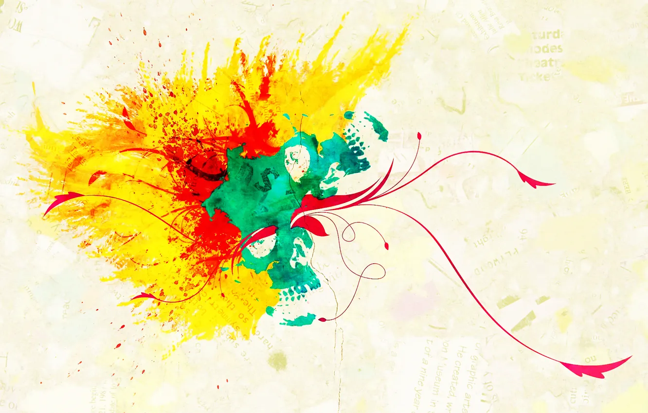 Photo wallpaper squirt, paper, paint, skull, print