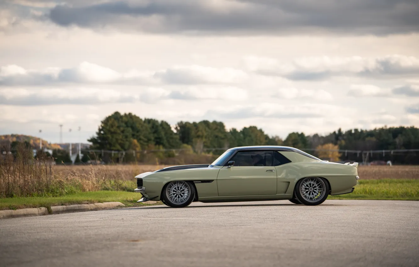 Photo wallpaper Road, Grass, Trees, Chevrolet, 1969, Camaro, Chevrolet Camaro, Muscle car