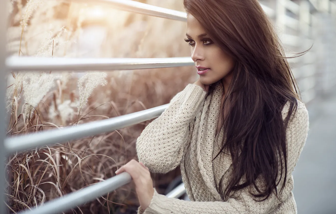 Photo wallpaper grass, girl, nature, the fence, makeup, brunette, the fence, profile