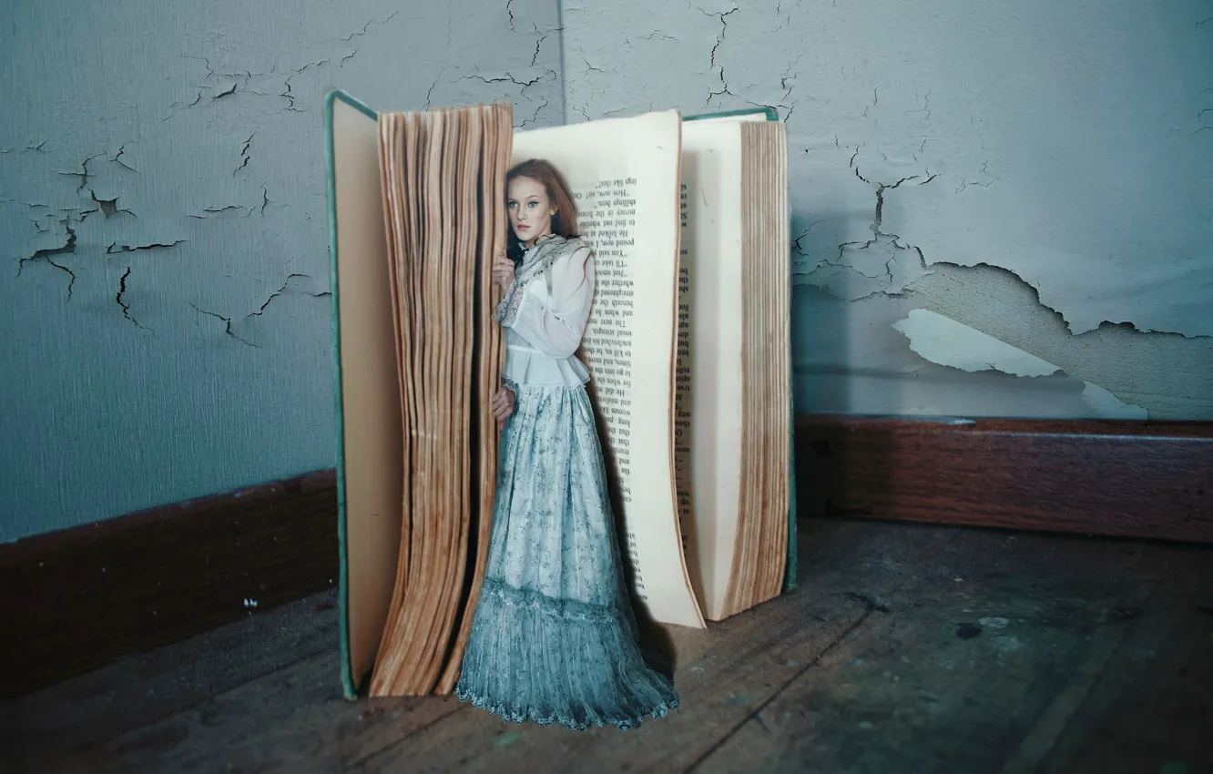 Photo wallpaper girl, the situation, dress, book