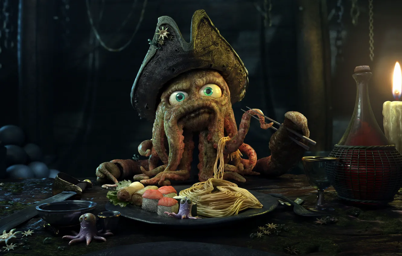 Photo wallpaper Octopus, Captain, Dinner