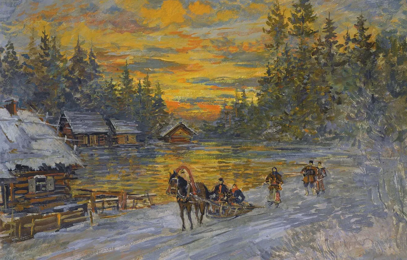 Photo wallpaper landscape, home, village, sleigh, at sunset, Konstantin Korovin
