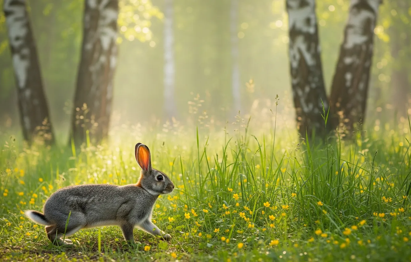 Photo wallpaper summer, grass, Wallpaper, rabbit, wallpaper, summer, grass, birch