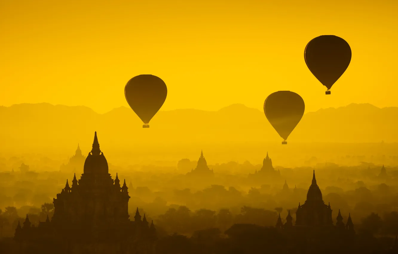 Photo wallpaper forest, the sun, flight, sunset, balloons, temple, forest, architecture