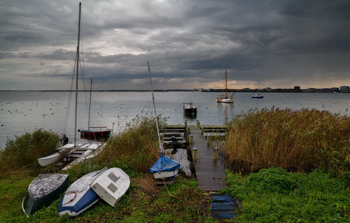 Photo wallpaper the sky, grass, clouds, lake, overcast, shore, home, yachts