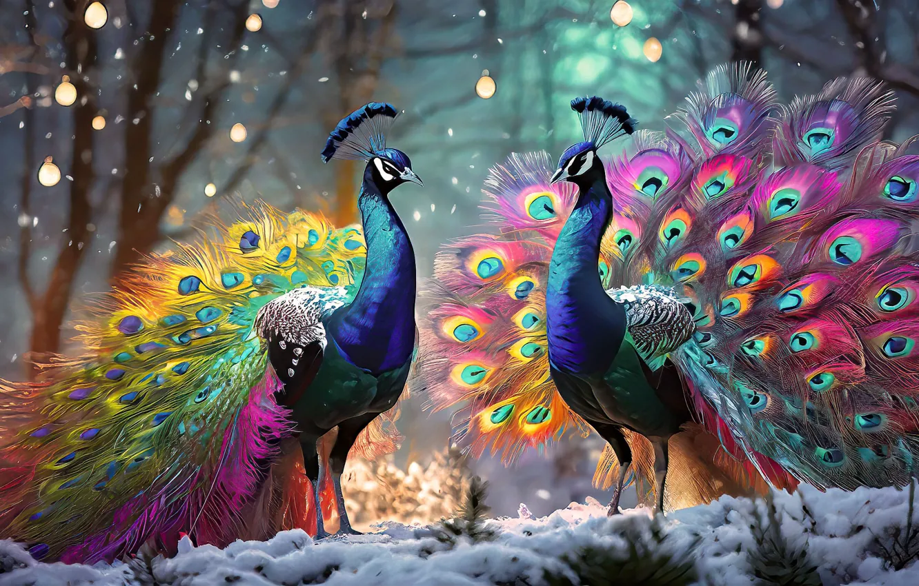 Photo wallpaper art, pair, peacock