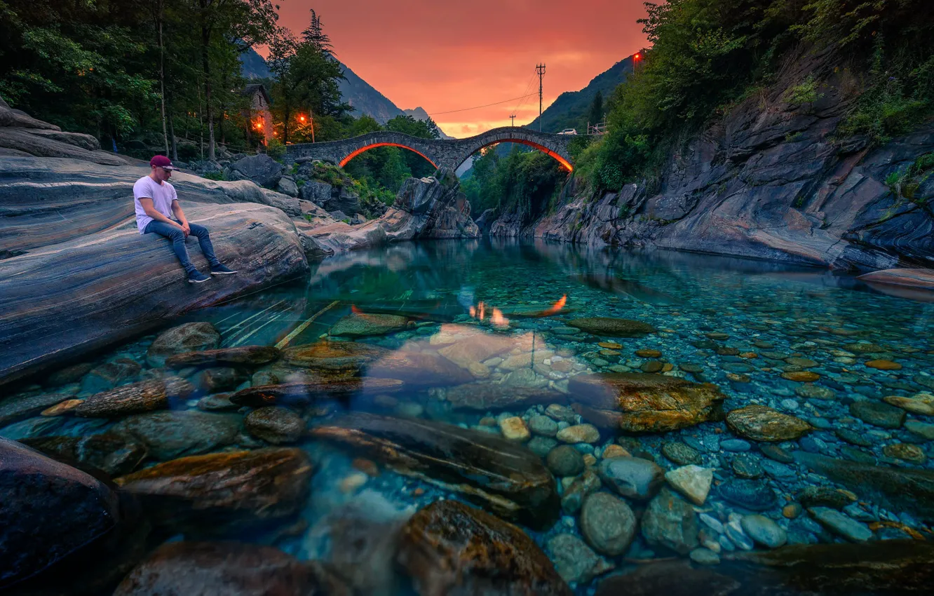 Photo wallpaper landscape, sunset, mountains, bridge, nature, river, stones, the bottom