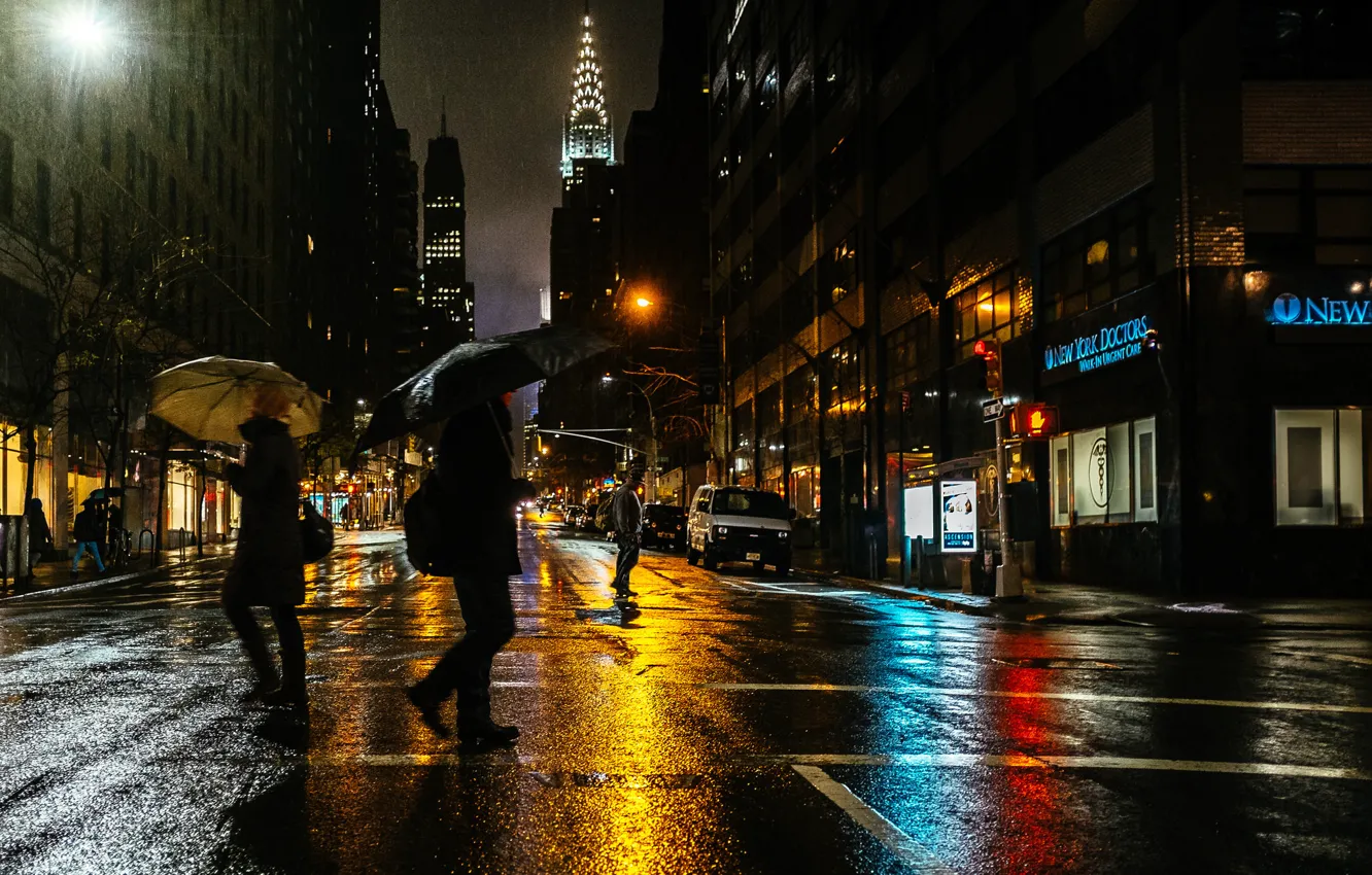 Photo wallpaper light, night, the city, rain, street, people, New York, USA
