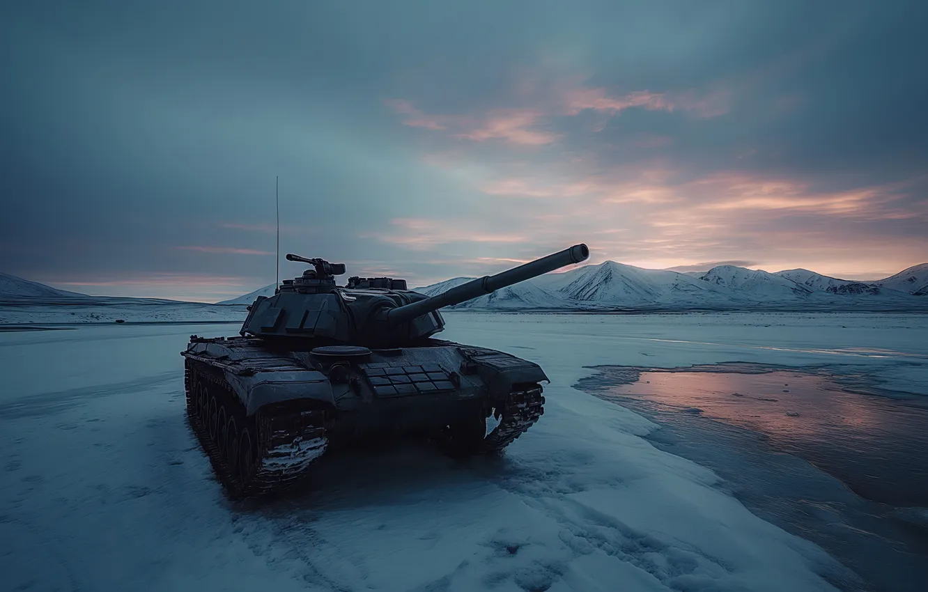 Photo wallpaper winter, snow, coast, the evening, tank, digital art, AI art, The Art of Artificial Intelligence