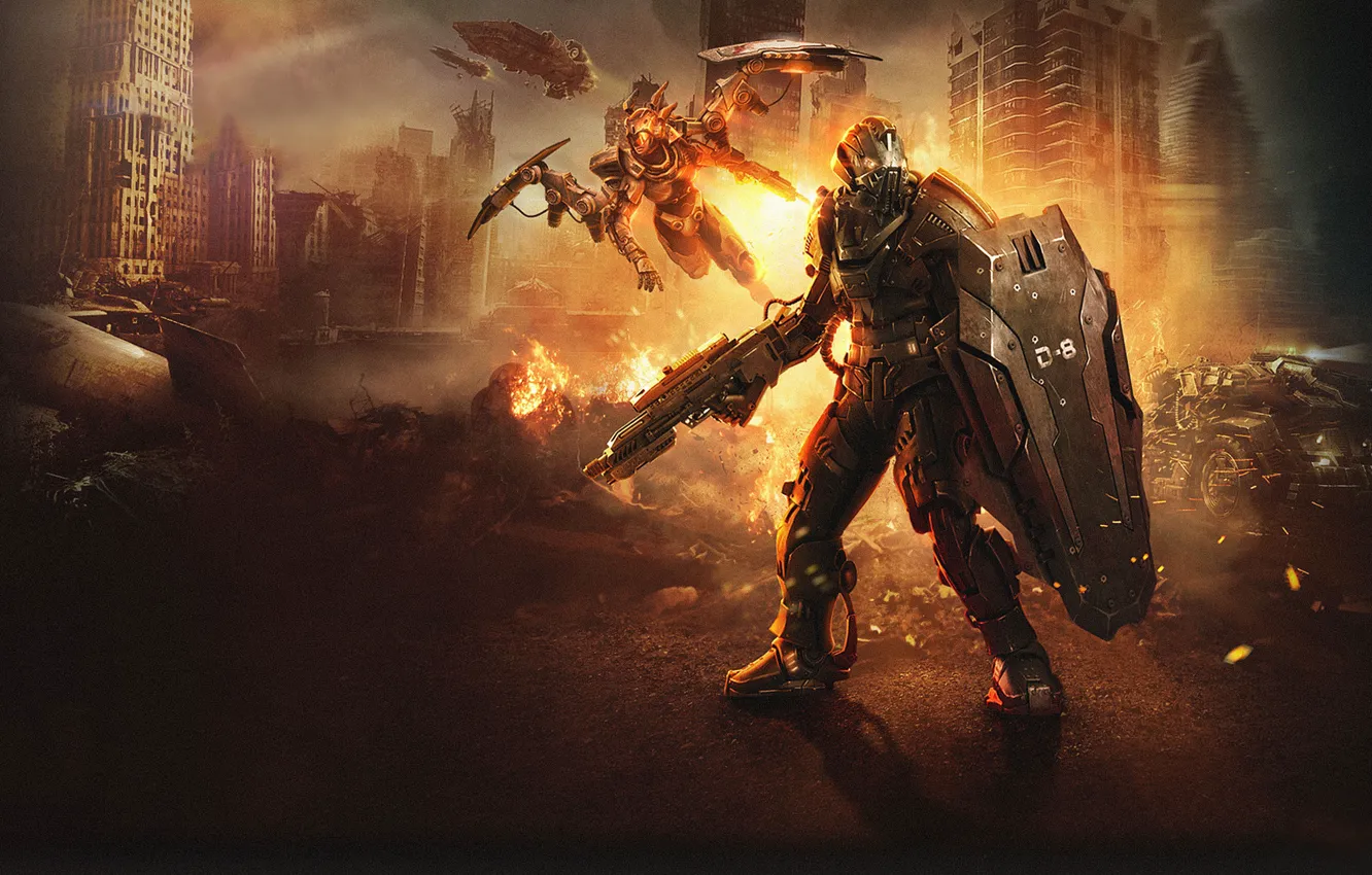 Photo wallpaper clouds, lights, smoke, the carrier, ruins, Valkyrie, Gladiator, war machine