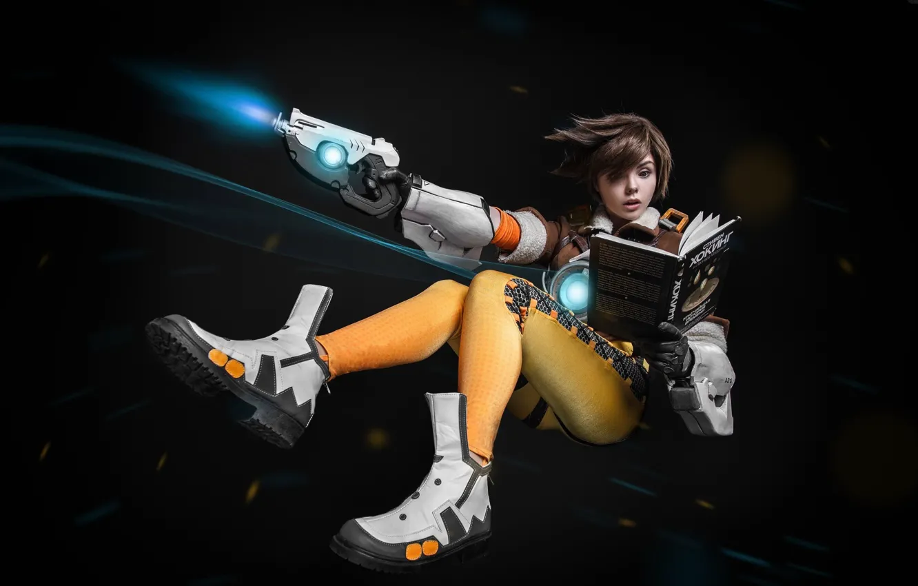 Photo wallpaper girl, gun, game, weapon, cosplay, uniform, seifuku, Overwatch