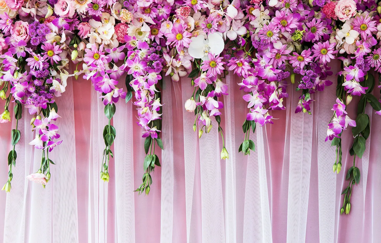 Photo wallpaper Flowers, texture, tulle, decoration flowers, drape, flower garlands