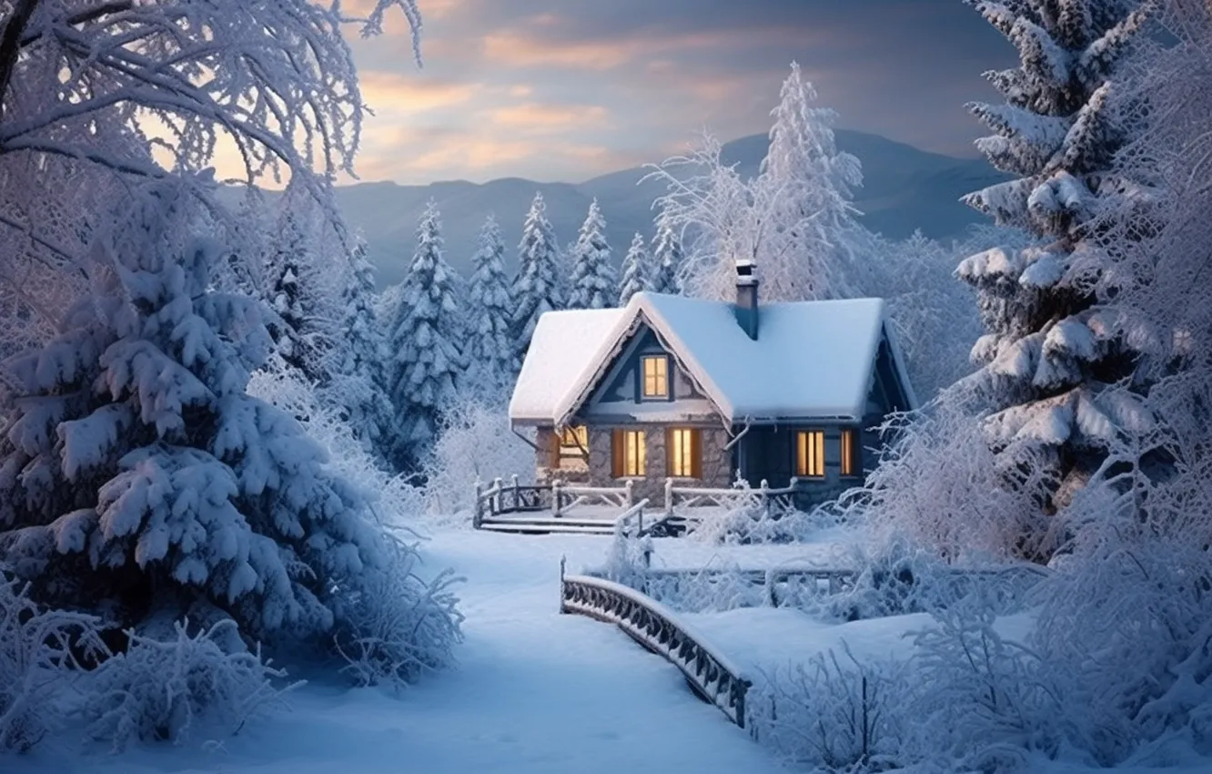 Photo wallpaper winter, forest, snow, frost, house, house, hut, rustic