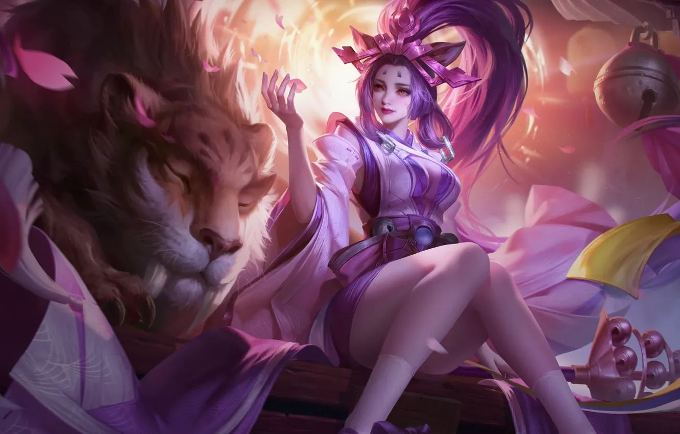 Photo wallpaper tiger, fatigue, sleep, bells, arena, gesture, beautiful girl, mob