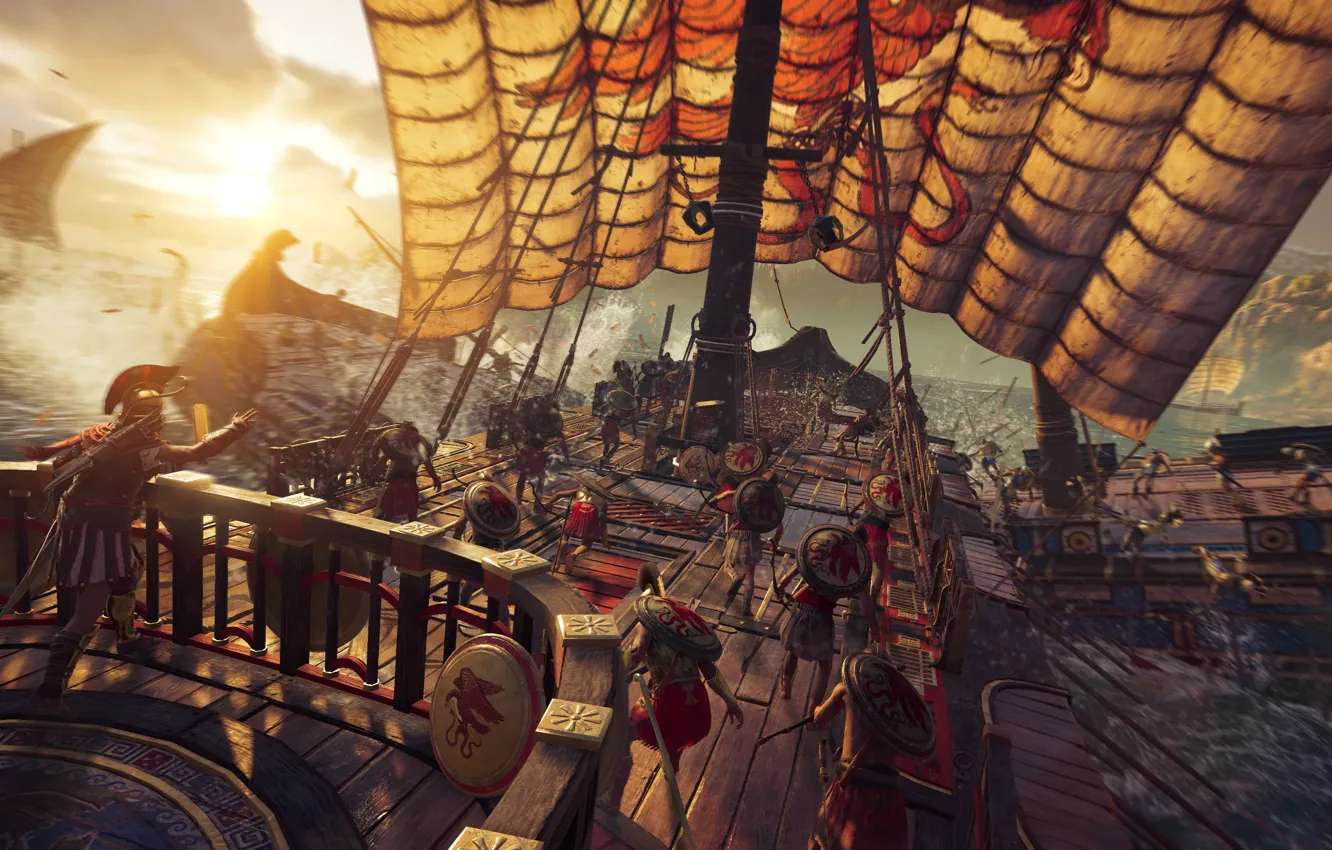 Photo wallpaper the sun, the game, ship, battle, sails, game, knights, Assassin's Creed